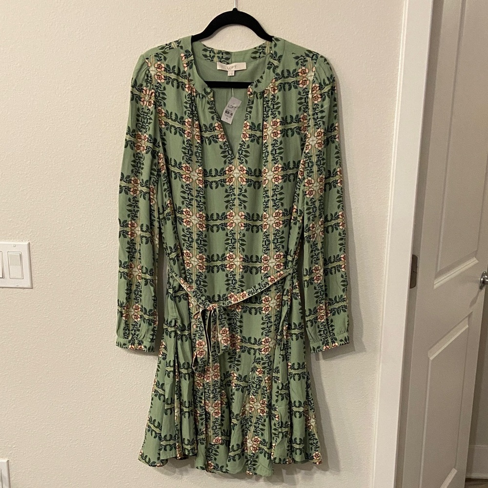 LOFT Floral Green and Pink Long Sleeve Dress